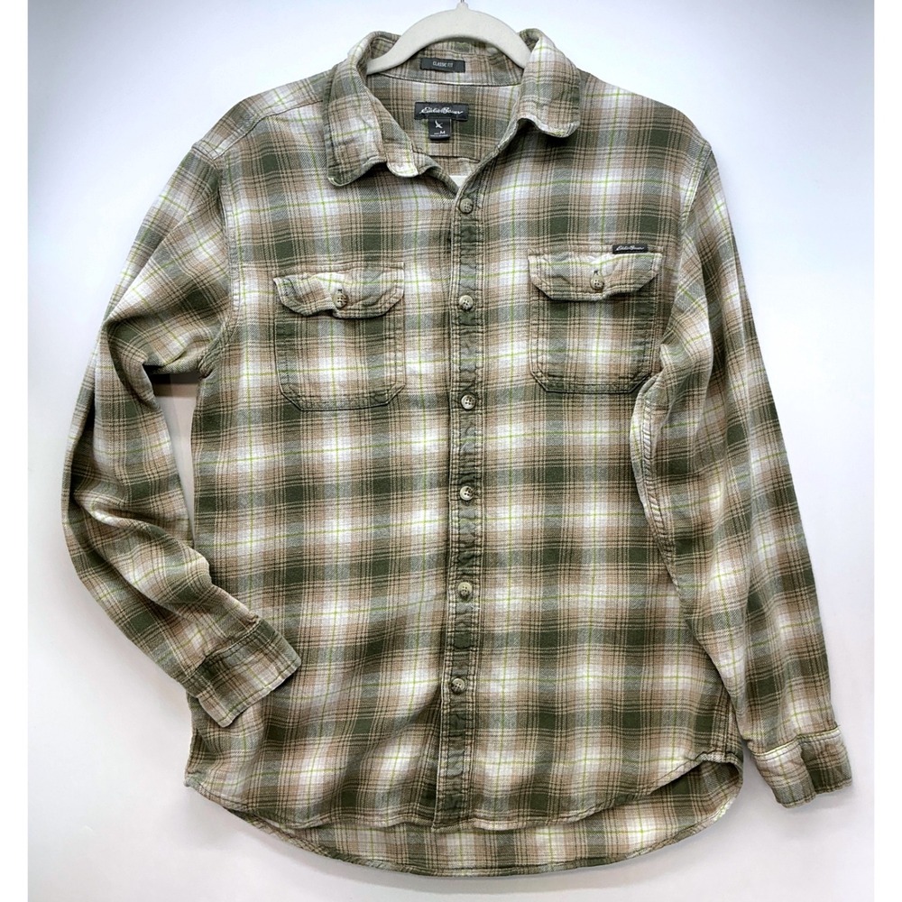 Eddie Bauer Plaid Cotton Button Up Shirt Sz M Olive‎ Taupe Granola Outdoors